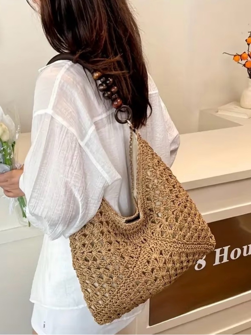 Handwoven Crochet Shoulder Bag with Beaded Handle - Brown - Picture 2 of 4